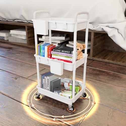 3 Tier Rolling Utility Cart with Handle,REBECAT Utility Cart Made of Multifunctional Storage Organizer Tool for Kitchen,Bathroom,Living Room,Office(White) - color: White