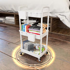3 Tier Rolling Utility Cart with Handle,REBECAT Utility Cart Made of Multifunctional Storage Organizer Tool for Kitchen,Bathroom,Living Room,Office(White) - color: White