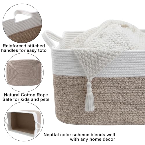 Large Blanket Basket,Woven Rope Basket Storage Bin with Handles,65L Rectangle Laundry Basket for Magazines,Toys,Clothes,Newspaper Shelf Organization,Nursery and Living Room,White & Brown - color: White & Brown, size: 21"x16"x12"(65L)
