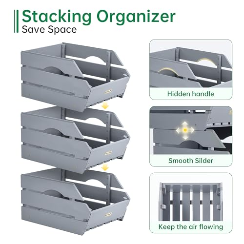 Wood Potato Onion Storage Bins - Wooden Stackable Produce Basket - Fruit Vegetable Storage for Kitchen Pantry Organization, Set 3 Pieces - color: Dusty Grey