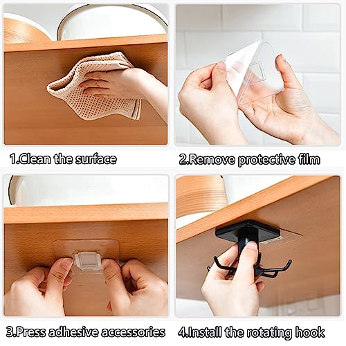 2pcs 360 °Rotation Utility Hooks,Under Cabinet Kitchen Hooks,Storage Shelf rv Must Haves,Nail Free Adhesive Kitchen Utensils Hanging Hooks for Kitchen Utensils/Tools/Towel/Knife(Black)