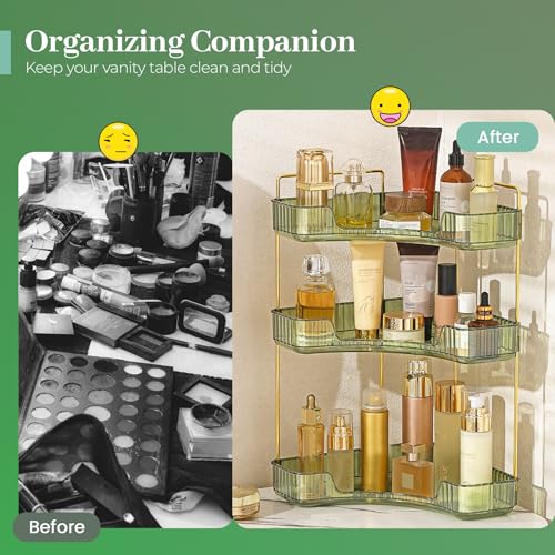 Aveniee Corner Bathroom Counter Organizer, 3 Tier Makeup Perfume Storage for Vanity, Countertop SkinCare Stand Shelf Holder for Women (Green) - color: Gem Green, size: 3 Tier