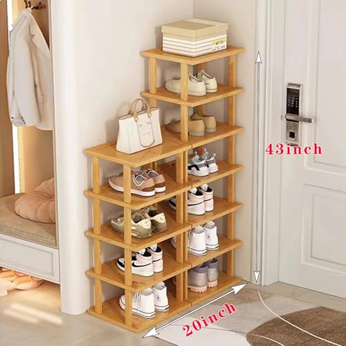 Bamboo Shoe Rack 12 Tier- Vertical Shoe Rack for Small Spaces, Tall Narrow Shoe Rack Organizer for Closet Entryway Corner Garage and Bedroom,Skinny Shoe Shelf with Free Stackable DIY - color: Original Color, size: 12-tier