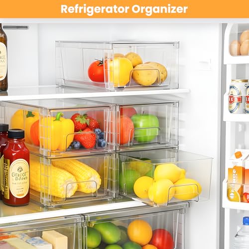 6 Pack Stackable Storage Drawers,Plastic Organizers Bins, Drawers Storage with Handles and Movable Dividers for Organization and Storage in Fridge,Bathroom, Pantry, Kitchen Cabinets, Under Sink - size: 6Pack 4.4"H-with Dividers