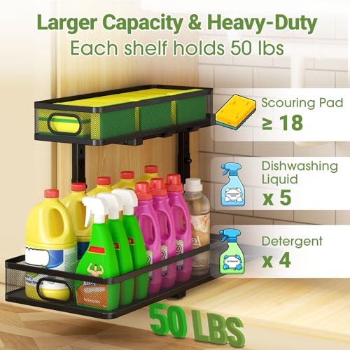 Under Sink Organizer 2-Pack, Metal 2-Tier Pull-Out Cabinet Shelf with Slide-Out Mesh Drawers, Height Adjustable, Space-Saving Under Sink Storage Racks for Kitchen, Bathroom, Laundry Room - color: Black