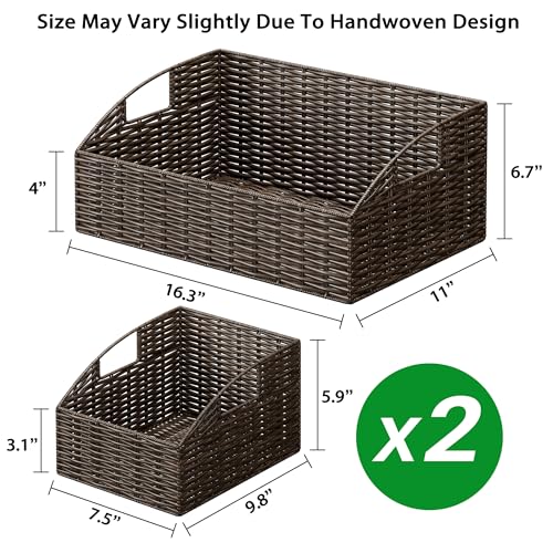 Ollieroo Rattan Storage Baskets, Handwoven Wicker Storage Bins with Built-in Handles, Storage Container Baskets for Shelves, Bedroom, Bathroom, Laundry Room or Kitchen(Brown) - color: Brown