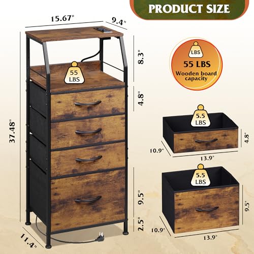 WLIVE 4 Drawer Dresser for Bedroom, 37" H Nightstand with Charging Station and Led Light, Tall Night Stand Bed Side Table, End Table with USB Ports and Outlets, Fabric Bins, Wood Shelf, Rustic Brown - color: Rustic Brown Wood Grain Print, size: 4 Drawers