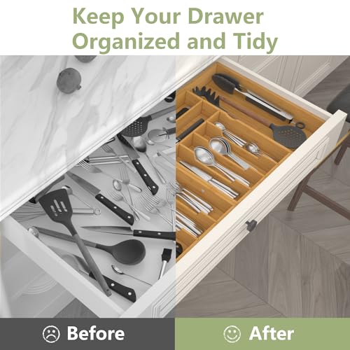 Suli Large Silverware Drawer Organizer，Adjustable Kitchen Flatware for Forks Knives and Spoons， Bamboo Cutlery Utensil Holder,Expandable from 22in-37in，Natural Bamboo