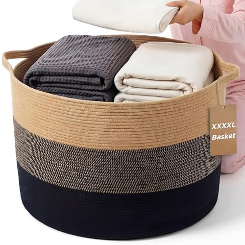 XXXXL 125L Extra Large Blanket Basket, 23.6" x 16.9" Jumbo Woven Cotton Rope Storage Basket with Handles, Laundry Hamper, Toy Storage for Living & Play Room (Khaki, Brown & Black) - color: Khaki, Brown & Black