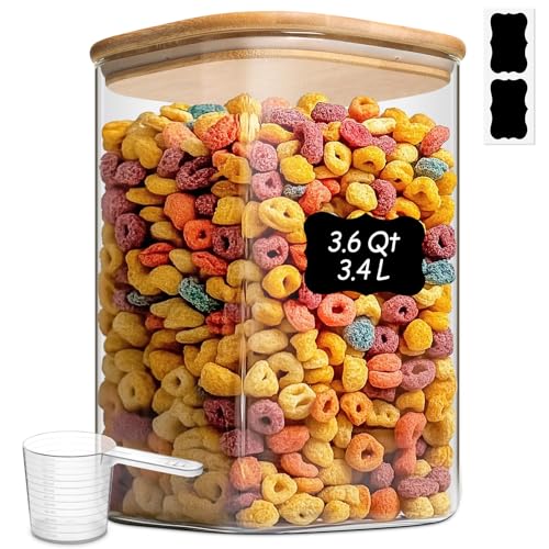 ComSaf 3.6Qt Glass Food Storage Containers, Cereal Storage Containers with Airtight Lids, Large Square Glass Jars with Bamboo Lids, for Rice, Pasta, Oats, Grains, Coffee Beans - color: 3.6Qt-Square