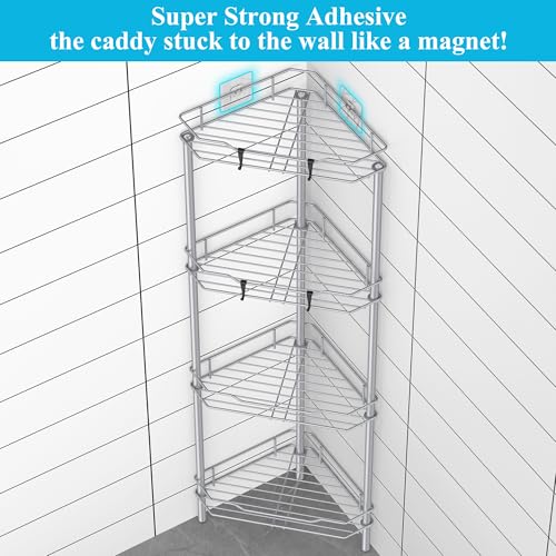 HuggieGems 4 Tier Floor Standing Corner Shower Caddy Organizer Shelf with Hooks, Bathroom Shelves Stand Rack, Silver - color: Silver, size: 4 Tier
