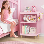 SYKIARIOL Kids Nightstand with Storage & Hooks, Cute Pink Bedside Table for Girls, Small Toddler Night Stand for Bedroom - color: Classic Pink