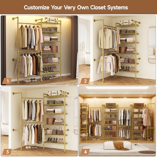 Wall Mounted Garment Rack, Walk-in Closet System with Expandable Rods, Adjustable Shelves, Industrial Pipe Clothing Racks, Hanging Clothes Organizers and Storage, Metal Closet Shelving Wardrobe - color: Gold