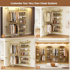 Wall Mounted Garment Rack, Walk-in Closet System with Expandable Rods, Adjustable Shelves, Industrial Pipe Clothing Racks, Hanging Clothes Organizers and Storage, Metal Closet Shelving Wardrobe - color: Gold
