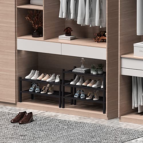 ROMGUAR CRAFT 2 Tier (Thick) Bamboo Shoe Rack for Closet Free Standing Wood Shoe Shelf for Entryway Small Space Stackable 27"x12"x14" (Black) - color: Black, size: 2 Tier(Thick)