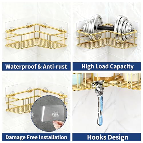 Menbyci 2 Pack Corner Shower Caddy, Adhesive Bathroom Shelf with 8 Hooks, Rustproof Stainless Steel Bathroom Organizer, No Drilling Shower Shelves Basket Wall Storage Rack Shampoo Holder (Gold) - color: Gold, size: 2 packs