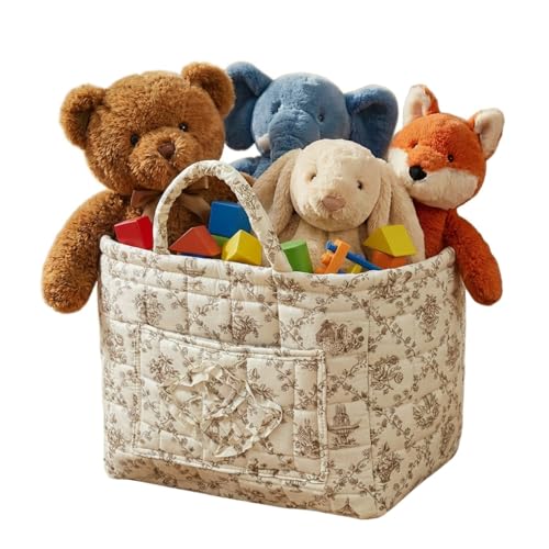 Quilted Fabric Basket Foldable Car Storage Boho Floral Laundry Basket Hamper for Nursery Bedroom & Living Room | Organize Clothes Toys - color: Beige French Manor