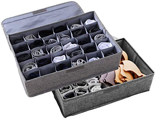AARAINBOW 2 Packs Underwear Socks Storage Organizer with Lids Foldable Closet Drawer Organizer 46 Cells, Drawer Organizer Bins for Ties Scarves Lingerie Bra Fabric Dividers (30+16 Cell, 2 Gray) - color: Gray, size: 30+16 Cells