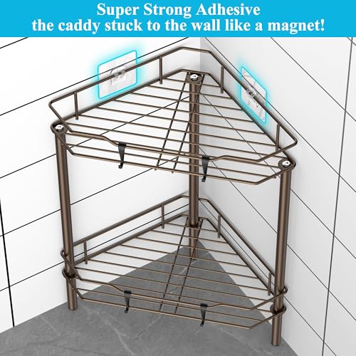 HuggieGems 2 Tier Floor Standing Corner Shower Caddy Organizer Shelf with Hooks, Bathroom Shelves Stand Rack, Bronze - color: Bronze, size: 2 Tier