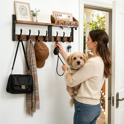 Coat Rack Wall Mount with Shelf, 29 inch Entryway Wall Shelf with 11 Metal Hooks, 4 in 1 Coat Hanger and Key Holder Wall Mount with Mail Organizer for Living Room, Bedroom
