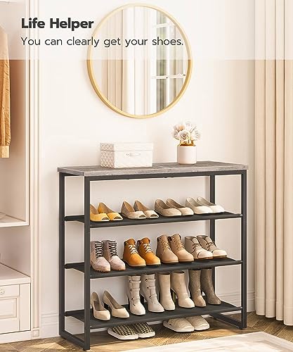 HOOBRO Shoe Rack, 4 Tier Shoe Storage Organizer with 3 Oxford Fabric Shelves and Top Panel, Holds 12-16 Pairs of Shoes for Entryway and Closet, Industrial, Greige BG47XJ01G1 - color: Greige + Black, size: 29.5"L x 11.2"W x 23.4"H