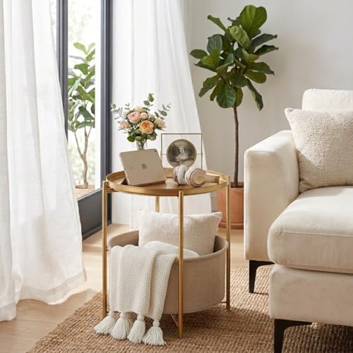 danpinera Round Side Table with Fabric Storage Basket, Metal Side Small Bedside Table Nightstand with Removable Tray Top for Living Room, Bedroom, Nursery, Bathroom, Gold - color: Gold