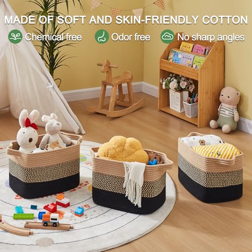 OIAHOMY Storage Basket, Woven Baskets for Storage, Cotton Rope Basket for toys,Towel Baskets for Bathroom - Pack of 3, Black & Brown - color: Black & Brown, size: 3 pcs-13”x9.9”x8.7”