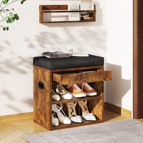 YMYNY Small Shoe Storage Bench with Cushion and Drawer, 2 Tier Adjustable Entryway Bench with Storage, Wooden Shoe Rack Bench for Entryway, Living Room, Hallway, Closet, Bedroom, Rustic Brown, HSC002H - color: Rustic Brown