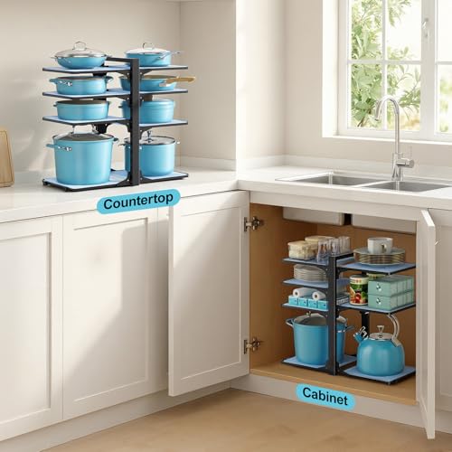 LAMU Pots and Pans Organizer under Cabinet, 8-Tier Heavy Duty Pan Organizers inside Cabinet, Adjustable Pot Rack for Small Kitchen Storage, 15" Height Holds Cast Iron Pans and Skillets Black - color: Black