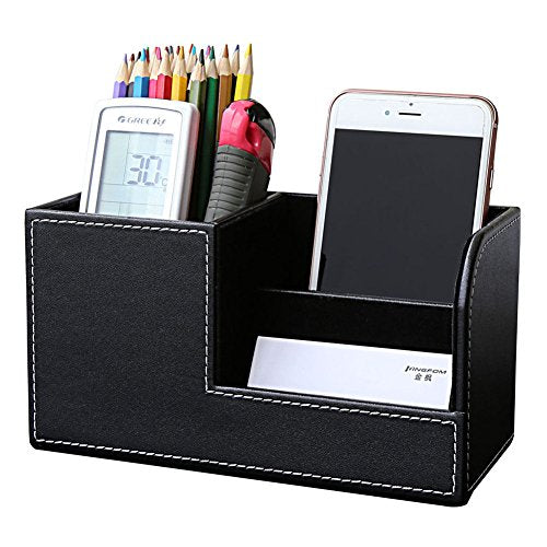 KINGFOM Desk Organizer Office Supplies Caddy Pu Leather Multi-function Storage Box Pen/Pencil,Cell phone, Business Name Cards Remote Control Holder Black - color: S-black