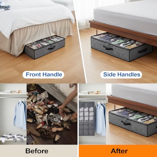 2 pc Sturdy Under Bed Shoe Storage Organizer, Underbed Shoes Closet Storage Solution with Clear Window, Breathable, With 1 Sock Bag and 20 Disposable Shoe Bags Fit 12 to 24 Pairs, Linen-like Black