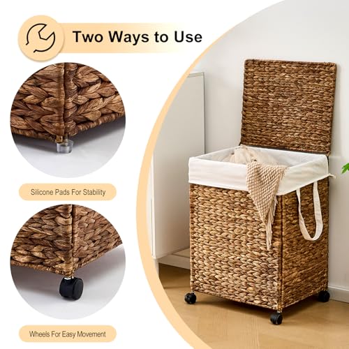 Rolling Laundry Hamper with Lid, Natural Water Hyacinth Basket with Removable Liner, Wheel or Non-Slip Installation Laundry Basket for Home Use (Espresso, 100L) - color: Espresso, size: 100L