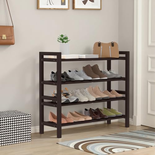 Haddockway Bamboo Shoe Rack for Closet, Free Standing Shoe Organizer with Smooth Round Rods & Convenient Handles, Stackable Shoe Storage Shelf for Entryway, Hallway(Brown, 4-Tier) - color: Brown, size: 4-Tier_Standard