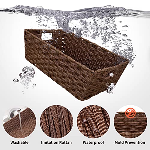Onlytak Large Wicker Storage Basket, Metal Frame, Set of 2, Washable Waterproof, 15" x 10.3" x 5.2", Brown Color, Woven Basket for Pantry, Toilet, Bathroom, Bedroom, Patio - color: Brown, size: 15" x 10.3" x 5.2"