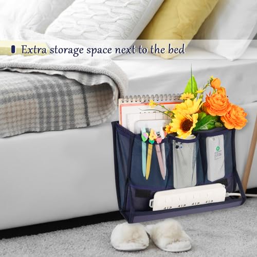 Bedside Storage Organizer with Power Strip Holder and Adjustable Straps Bed Hanging Bag for Home Bunk Bed Dorm Sofa (Navy Blue) - color: Navy Blue