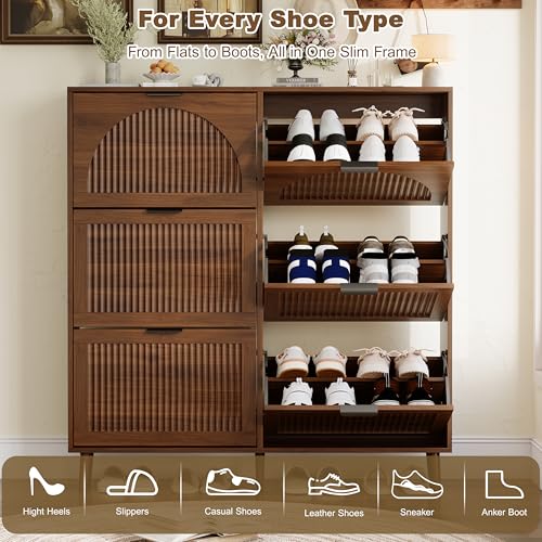 Shoe Storage Cabinet with 6 Flip Drawers, Narrow Wood Shoe Organizer Cabinet with Fluted Panel, Slim Shoe Rack for Entryway, Freestanding Shoe Cabinet for Living Room, Hallway, Walnut - color: Walnut, size: 6-Drawers