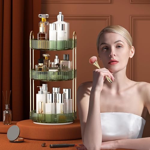 YCIA&DONE 360 Rotating Makeup Organizer and Storage for Vanity Countertop 3 Tiers, High Capacity Cosmetic Skincare Perfume Organizers for Dresser Bathroom Lazy Susan (Vintage Green) - color: Vintage Green, size: 9" (3 Tiers)