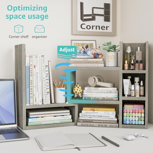 NUTIKAS Desk Shelves Desktop Organizer Shlef - Grey Office Organization for Top of Desk Organizers and Accessories Corner Bookshelf Table Top Shelving Small Hutch Decorations for Office - color: Grey