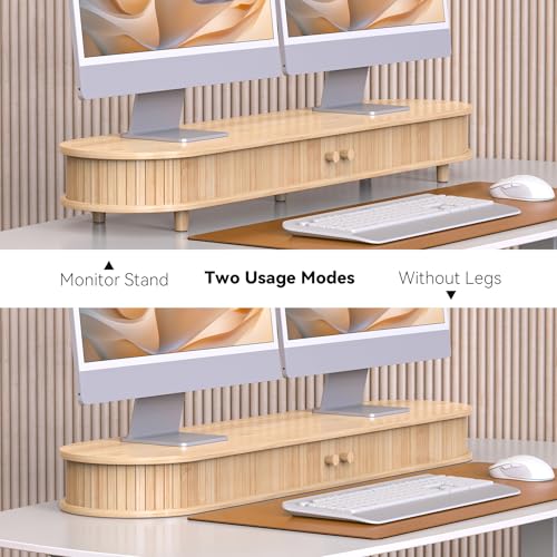 Bamboo Dual Monitor Stand with Storage, Curved Double Computer Laptop Stand Desk Shelf Organizer with Sliding Doors (42 inch) - size: 42 inch
