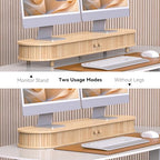 Bamboo Dual Monitor Stand with Storage, Curved Double Computer Laptop Stand Desk Shelf Organizer with Sliding Doors (42 inch) - size: 42 inch