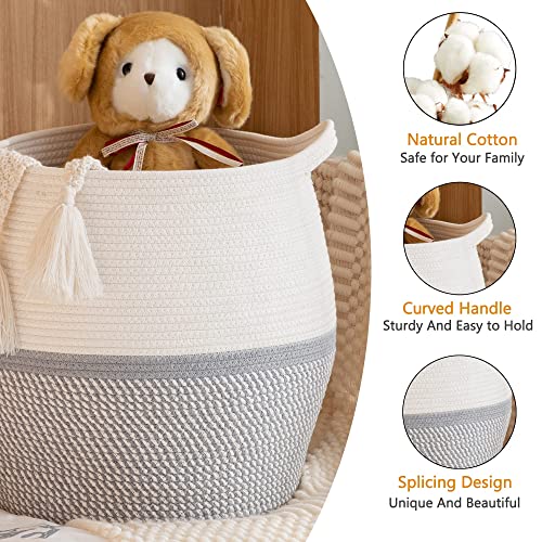KAKAMAY Woven Baskets for Storage(17"x17"),Large Cotton Rope Woven Baby Laundry Hamper,Collapsible Laundry Basket, Blanket Basket for Organizing Living Room,Nursery,Pillows,Toy Chest(Grey) - color: Grey