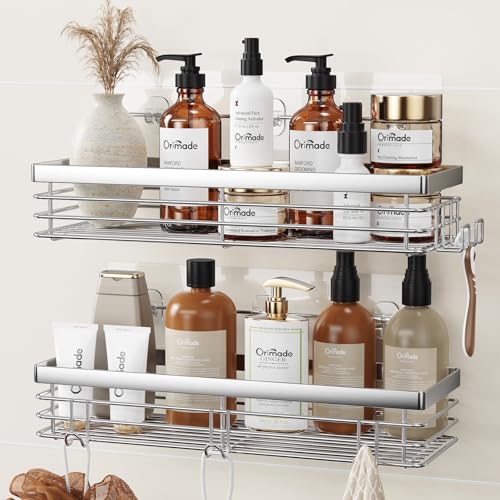 Orimade Shower Caddy with 5 Hooks Organizer for Hanging Razor and Sponge Bathroom Basket Adhesive Shower Shelf Storage Kitchen Rack Wall Mounted No Drilling Rustproof Stainless Steel - 2 Pack - color: Silver - 2 Pack