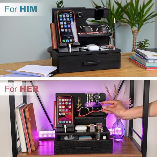 TESLYAR Wood Phone Docking Station with Drawer - Nightstand Organizer - Desk Organizer for Husband - Birthday Gifts for Men, Dad, Anniversary Idea, Key Holder Stand Watch & Accessories (Fumed Black) - color: Fumed Black