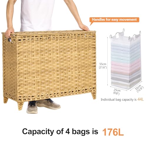 Laundry Hamper with 4 Removable Liner Bags; 176L Handwoven Rattan Laundry Basket with Lid & Heightened Feet; Clothes Hamper with Side Handles - color: Natural, size: 176L-4 Section