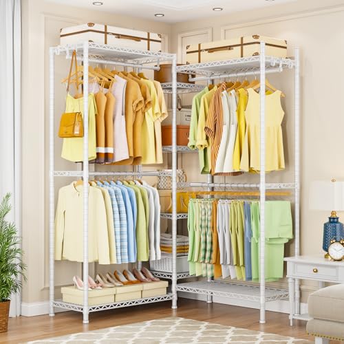 Ulif E4 Clothes Rack, Heavy-Duty Garment Rack, Metal Freestanding Clothing Organization Storage System Can Be L-shaped with Shelves and Hangers, Max Load 962lbs, 71.6" W x 14.5" D x 79.3" H, White - color: White