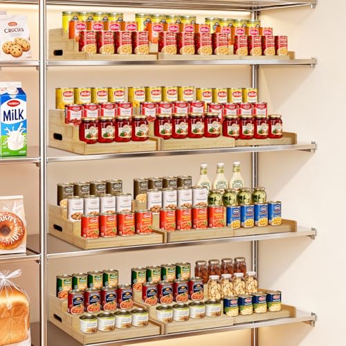 Bamboo Expandable Can Rack Organizer for Pantry, Stackable 3 Tier Canned Food Organizers and Storage, Kitchen Cabinet, Can Holders Dispensers for Pantry Up To 24 Cans