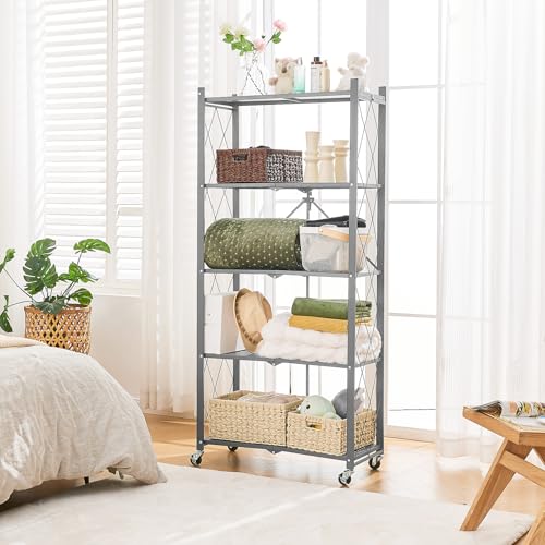 BRIAN & DANY 5-Tier Foldable Storage Shelves with Wheels, Folding Metal Rack Shelving Unit, Heavy Duty No Assembly Organizer Shelf for Garage, Kitchen, Basement, Pantry, Gray - color: Grey, size: 5-tier