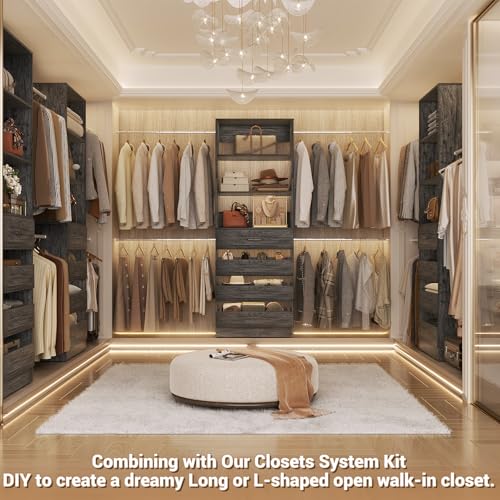 Aheaplus Closet System Set of 2, 4-9Ft Wood Closet Organizer with 8 Drawers & Shelves, Closet Organizer System with 8 Hanging Rods, Walk-in Closets Organizer Wardrobe Closet Rack, Black Oak - color: Black Oak-2Sets