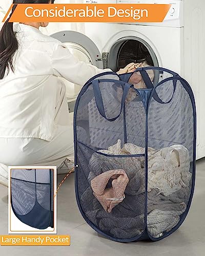 2 Pack Durable Collapsible Laundry Baskets - Reinforced Mesh Pop Up Laundry Hamper with Pocket, Foldable Dirty Clothes Hamper with Carry Handles for Laundry, Bathroom, Kids Room, Dorm or Travel Navy - color: 2 x Navy, size: Pop Vertical