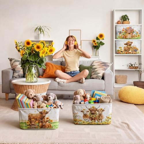 4 Pcs Highland Cow Storage Bin Collapsible Western Cow Themed Fabric Storage Basket with Handle American Country Style Organizer for Home Bedrooms Baby Clothes Toys Books - style: Highland Cow